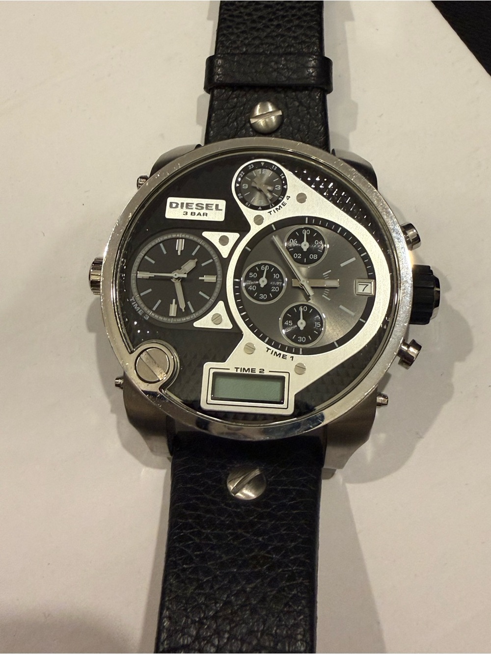 Diesel Black Leather Strap Multifunction Silver-Tone Dial Watch
